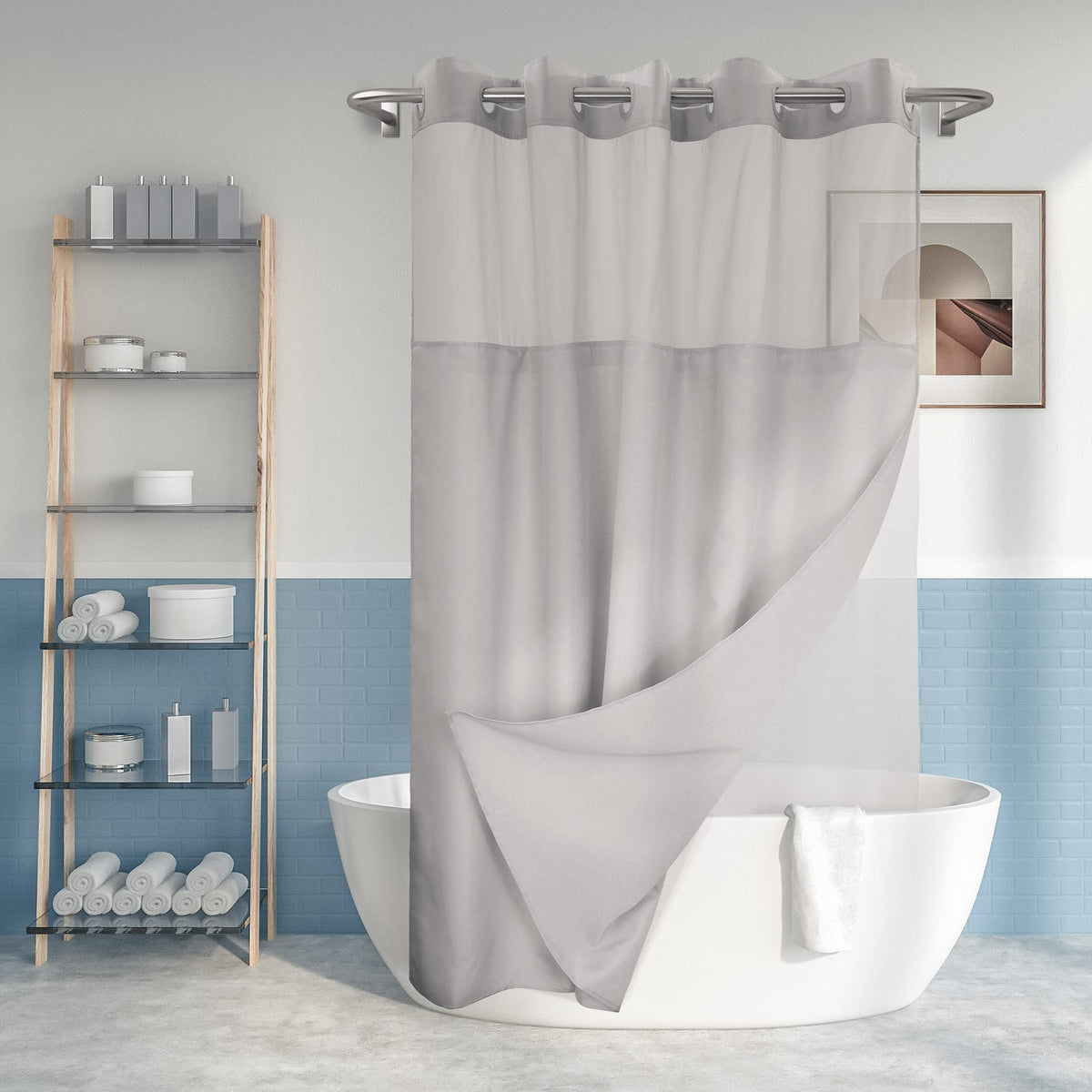 River Dream No Hook Shower Curtain with Snap-in Liner Set, White, 71x74