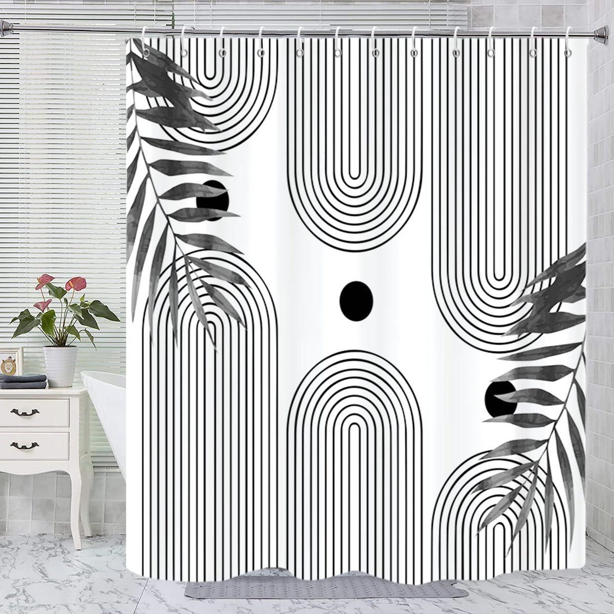 Boho Mid Century Shower Curtain, Modern Abstract with Hooks 72x72