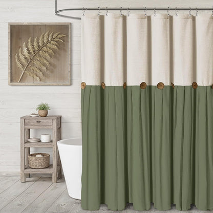Farmhouse Shower Curtain Linen Beige Button Brown Stripe 72"W x 72"L