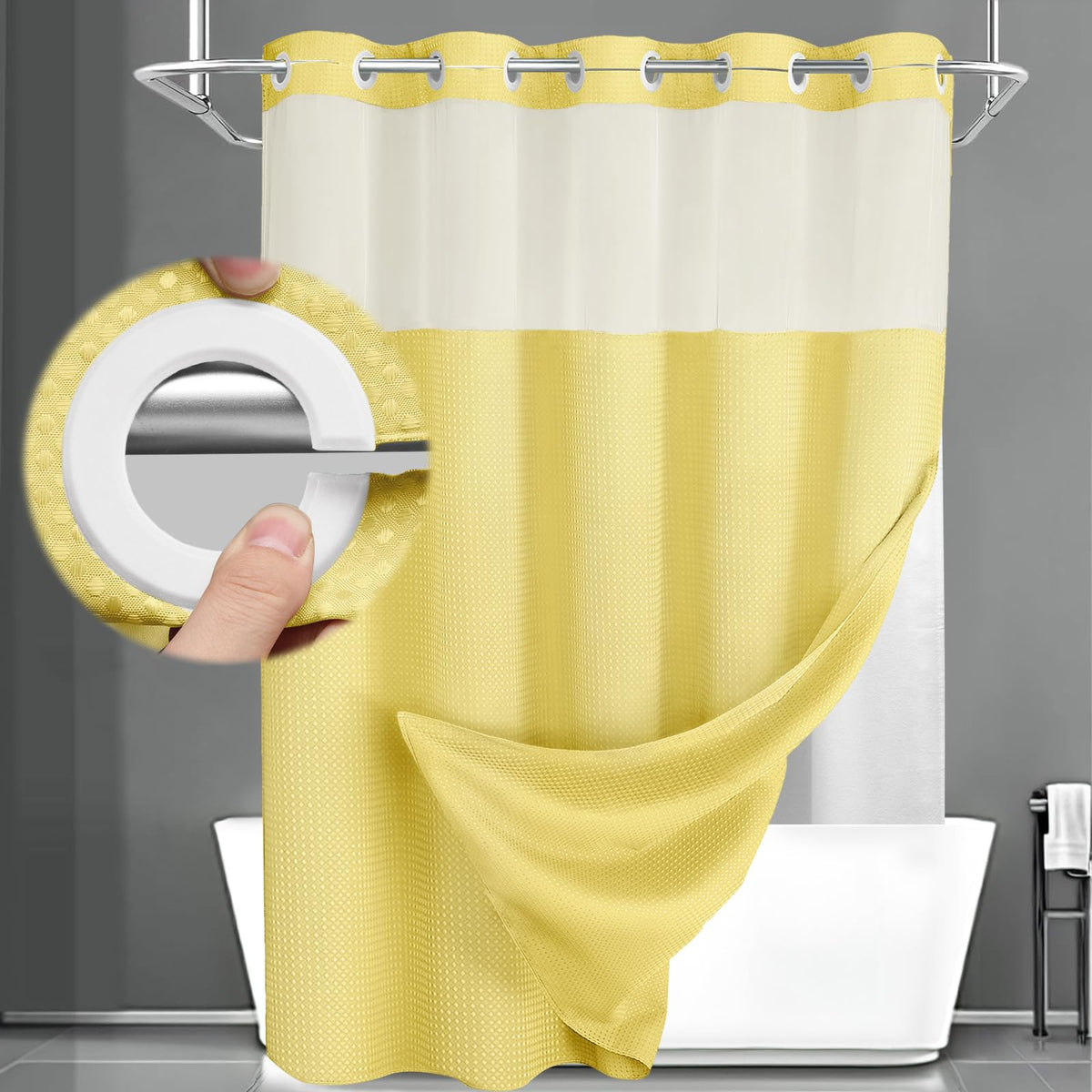 No Hook Shower Curtain with Liner Set Hotel Waffle Curtain Black 72W X 75L
