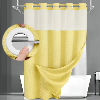 No Hook Shower Curtain with Liner Set Hotel Waffle Curtain Black 72W X 75L