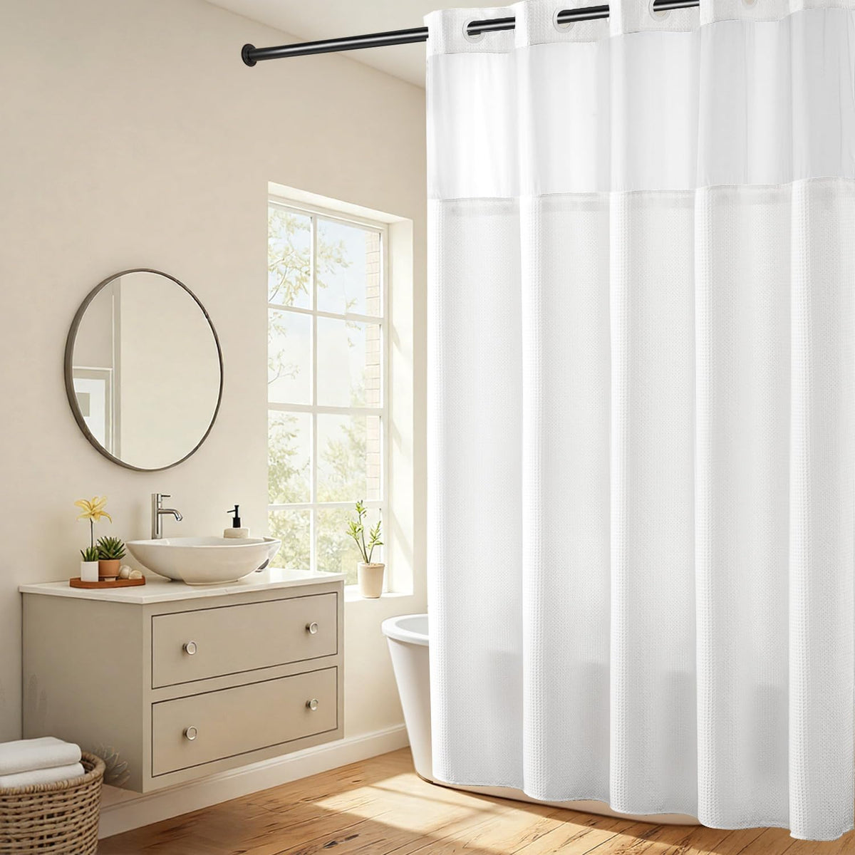 River Dream Waffle No Hook Shower Curtain with Liner,Navy Blue,71x74