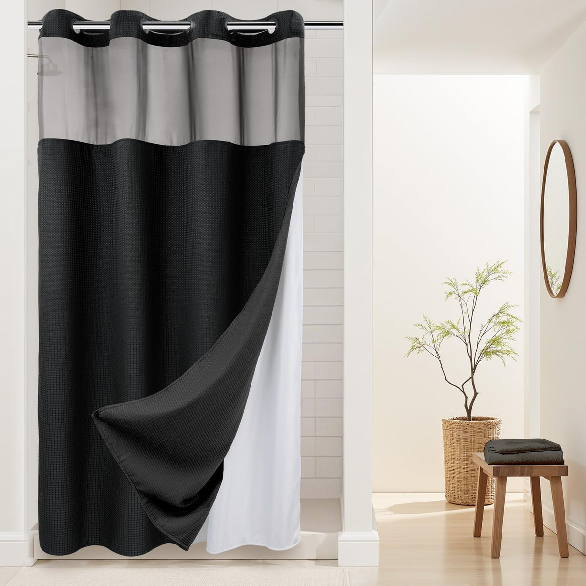 River Dream Waffle No Hook Shower Curtain with Liner,Navy Blue,71x74