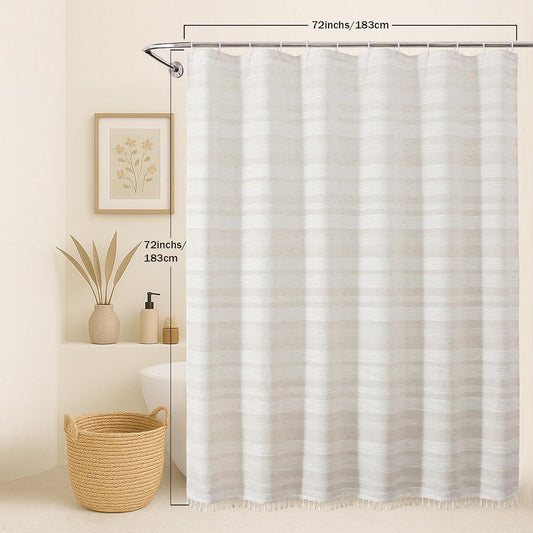 OVZME Natural Linen Shower Curtain for Bathroom, Boho Farmhouse Rustic Striped Shower Curtain with Tassel, Textured Heavy Duty Vintage Country Bathroom Curtain, 72Wx72L Inches