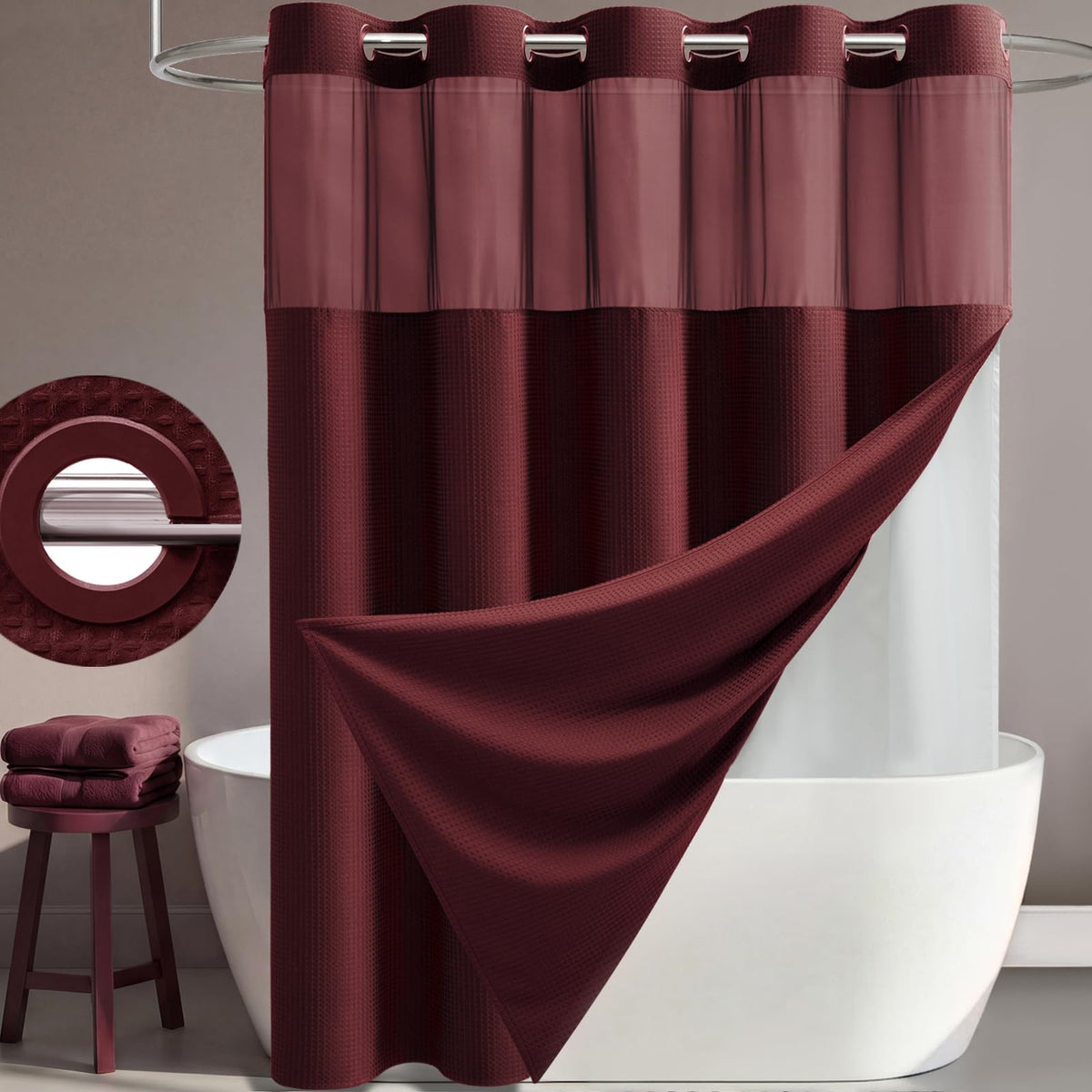Dynamene Ringless Waffle Weave Fabric Shower Curtain Set, Black, 72"x75"