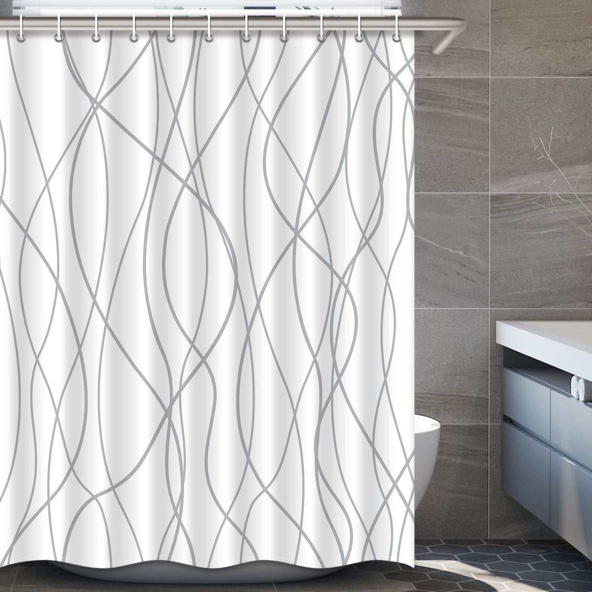 Striped Shower Curtain for Bathroom, Grey White, 72" W x 72" L