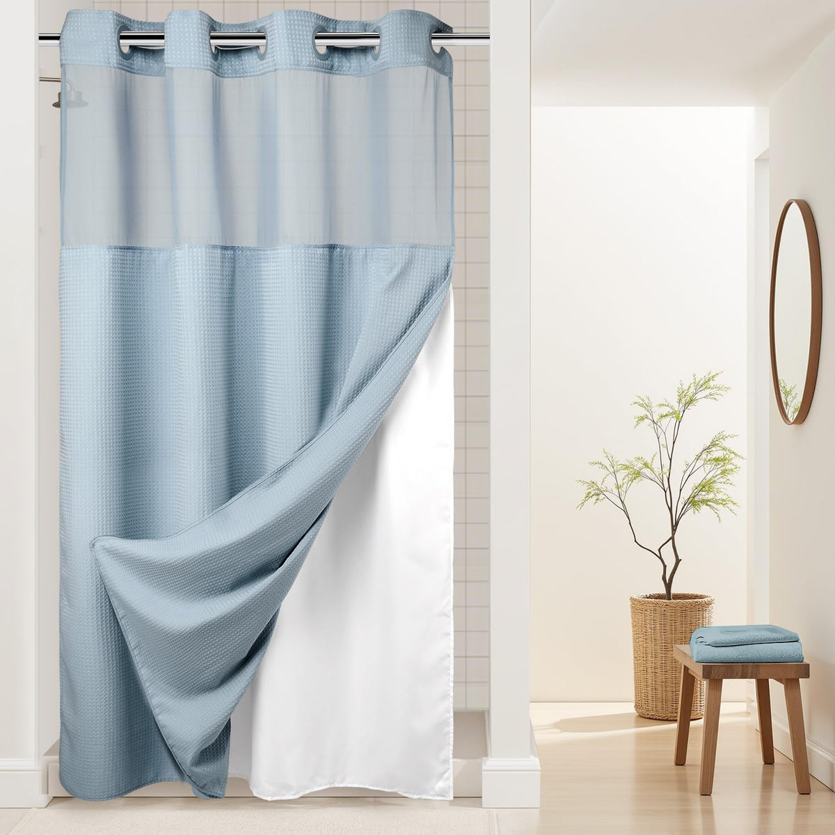 River Dream Waffle No Hook Shower Curtain with Liner,Navy Blue,71x74