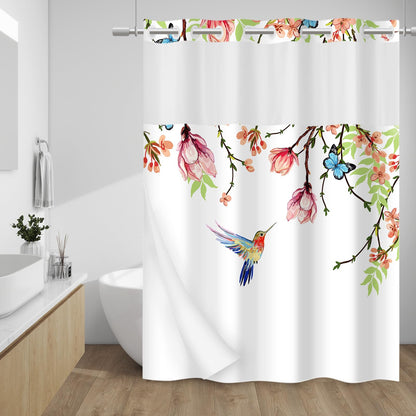 WITHLOC Hook Free Floral Shower Curtain with Liner, Blue Beige, 71x74