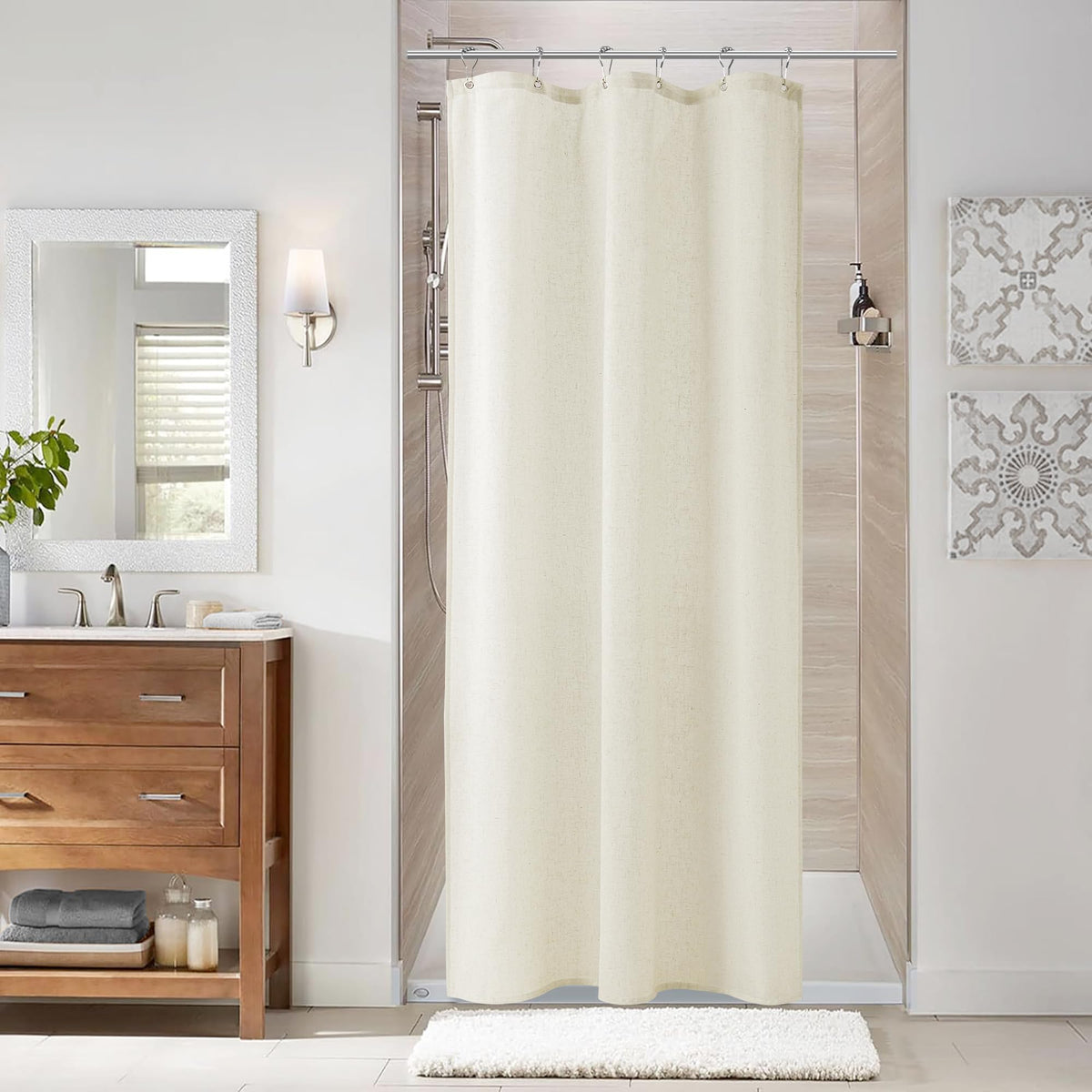 Naturoom Linen Shower Curtain 72 Inch Long for Bathroom Beige 1 Panel