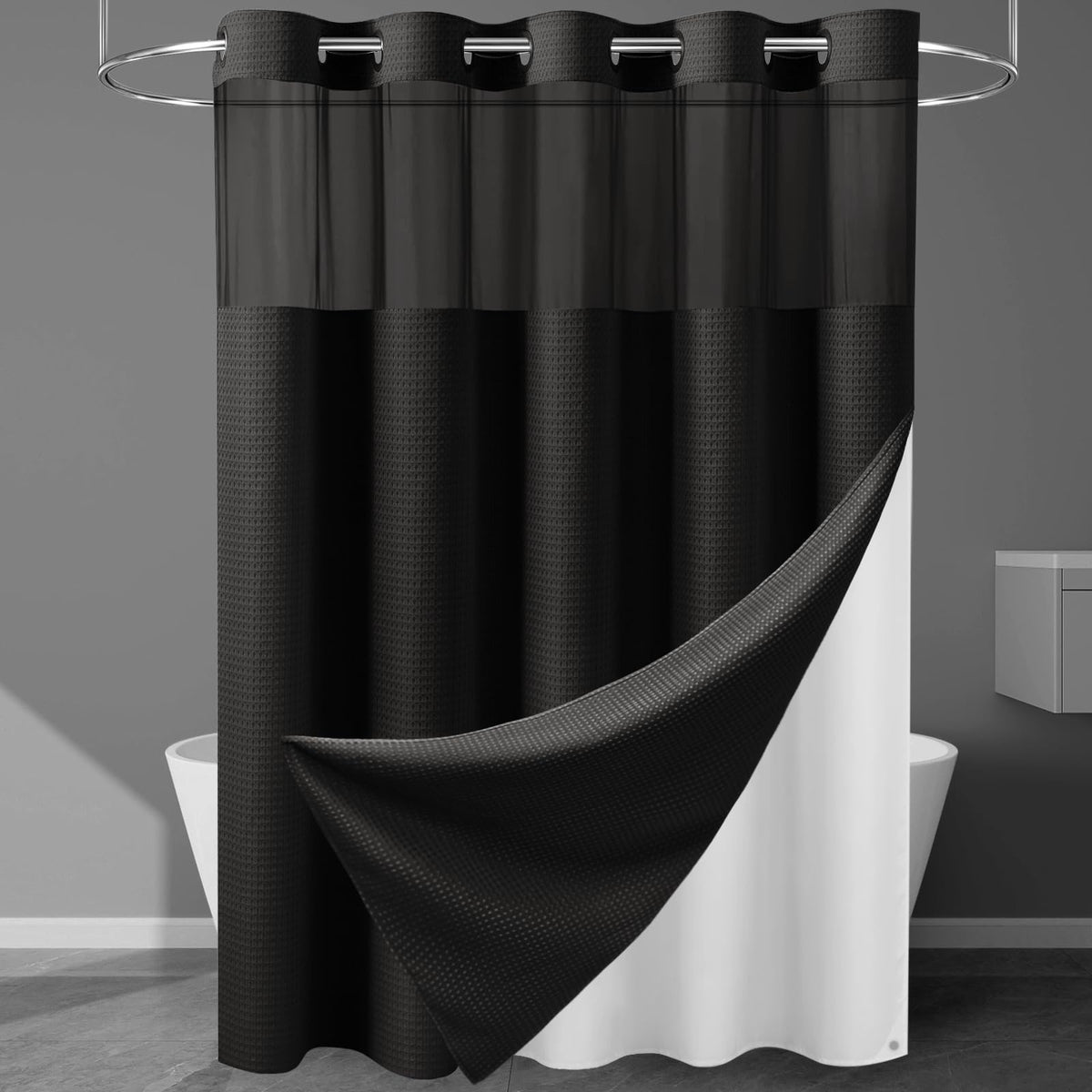 256GSM Heavyweight Ringless Waffle Shower Curtain with Liner, 71x74, Grey
