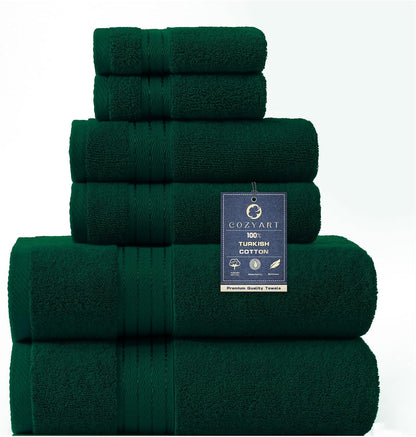 COZYART Luxury Bath Towel Set 6 Pcs, Dark Green 100% Turkish Cotton 650 GSM