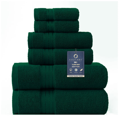 COZYART Luxury Bath Towel Set 6 Pcs, Dark Green 100% Turkish Cotton 650 GSM