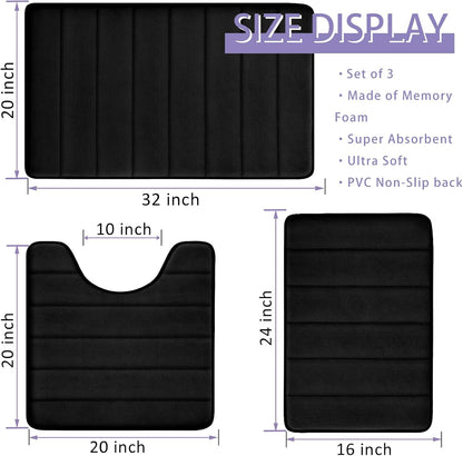 Bathroom Rugs Set Memory Foam Bath Rugs Non-Slip Bath Mat Set 3 Piece,Washable Bathroom Mats,Absorbent Shaggy Rugs Super Soft U-Shaped Toilet Rug,Bahroom Carpets for Bathroom,Tub,Shower（Black）