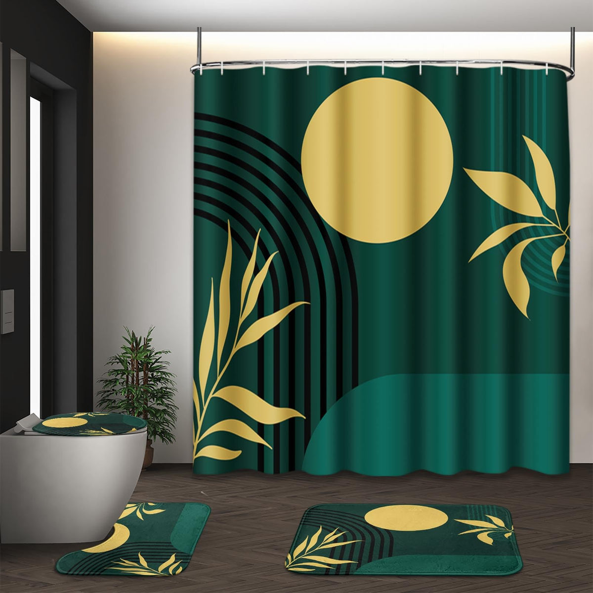 Bathroom Sets with Shower Curtain and Rugs, Set of 4 Geometric Boho