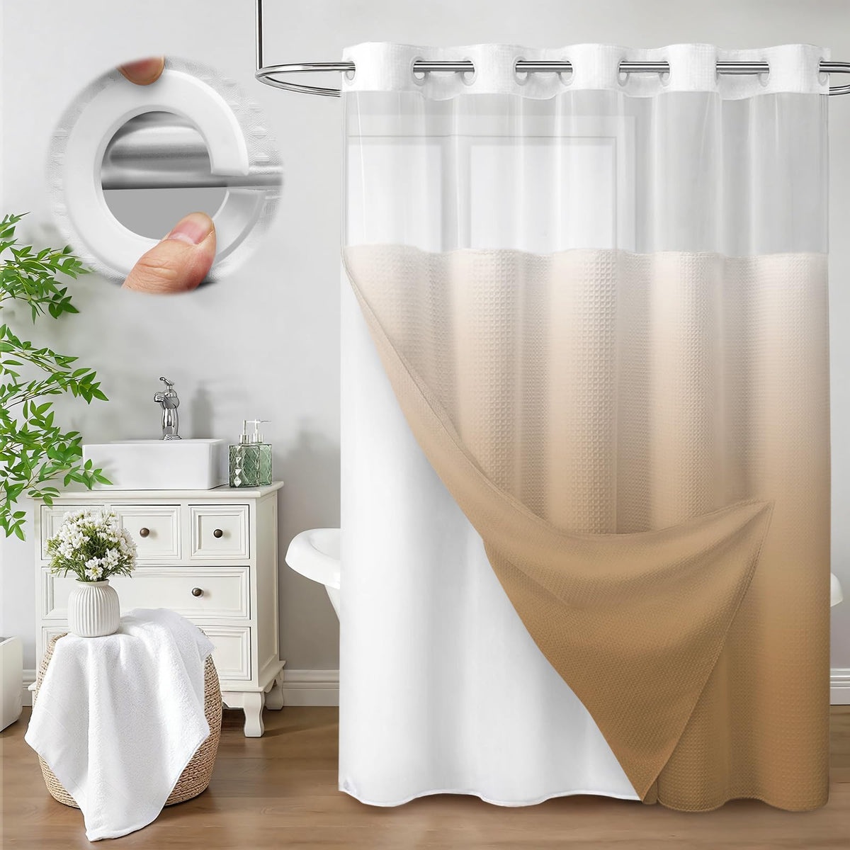 No Hook Shower Curtain with Liner Set Hotel Waffle Curtain Black 72W X 75L