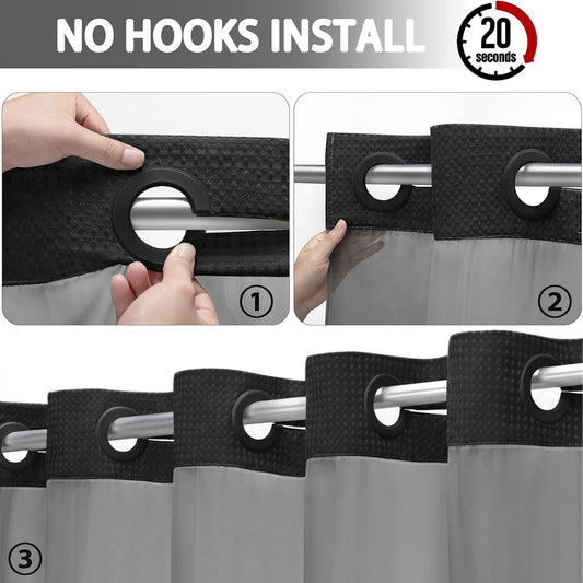 No Hook Shower Curtain with Liner Set Hotel Waffle Curtain Black 72W X 75L