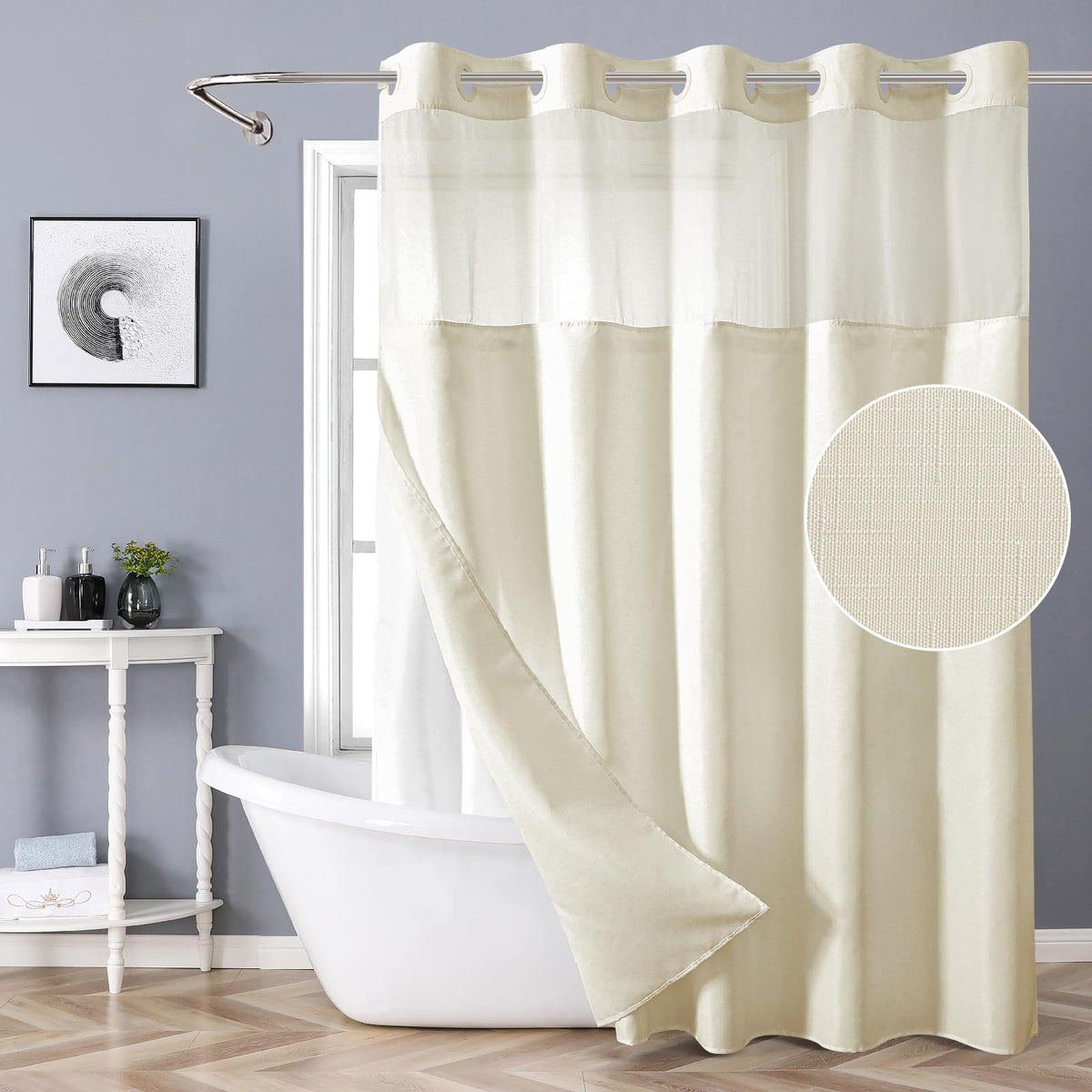 eachope White No Hook Shower Curtain with Snap-in Fabric Liner Set,Slub Textured Fabric Shower Curtains for Bathroom,Hotel Style Modern Shower Curtain,Water Repellent & Washable,71x74(72)