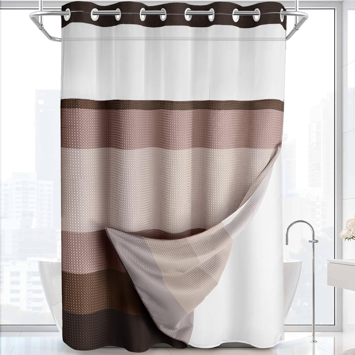 No Hook Shower Curtain with Liner Set Hotel Waffle Curtain Black 72W X 75L