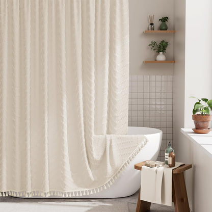 AmazerBath Boho Shower Curtain, Modern Farmhouse Shower Curtain Set with Tassels, Rustic Faux Linen Green Striped Shower Curtain with Hooks, Light Tan Toned, 72x72 Inches
