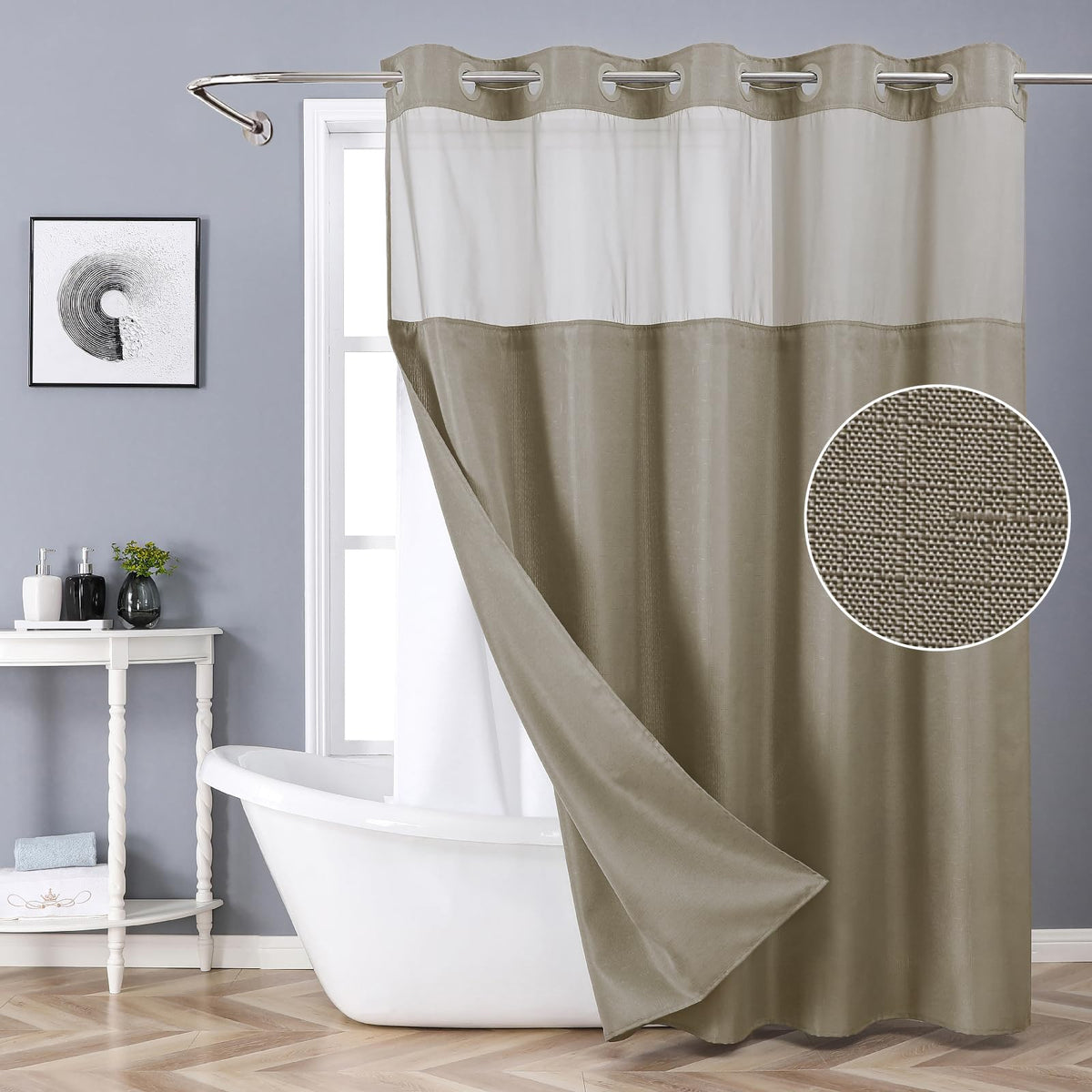 eachope White No Hook Shower Curtain with Snap-in Fabric Liner Set,Slub Textured Fabric Shower Curtains for Bathroom,Hotel Style Modern Shower Curtain,Water Repellent & Washable,71x74(72)
