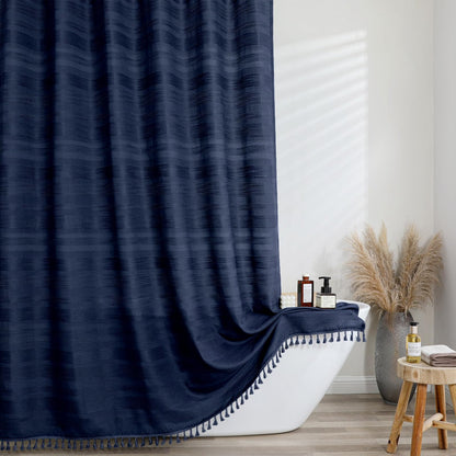 OVZME Natural Linen Shower Curtain for Bathroom, Boho Farmhouse Rustic Striped Shower Curtain with Tassel, Textured Heavy Duty Vintage Country Bathroom Curtain, 72Wx72L Inches