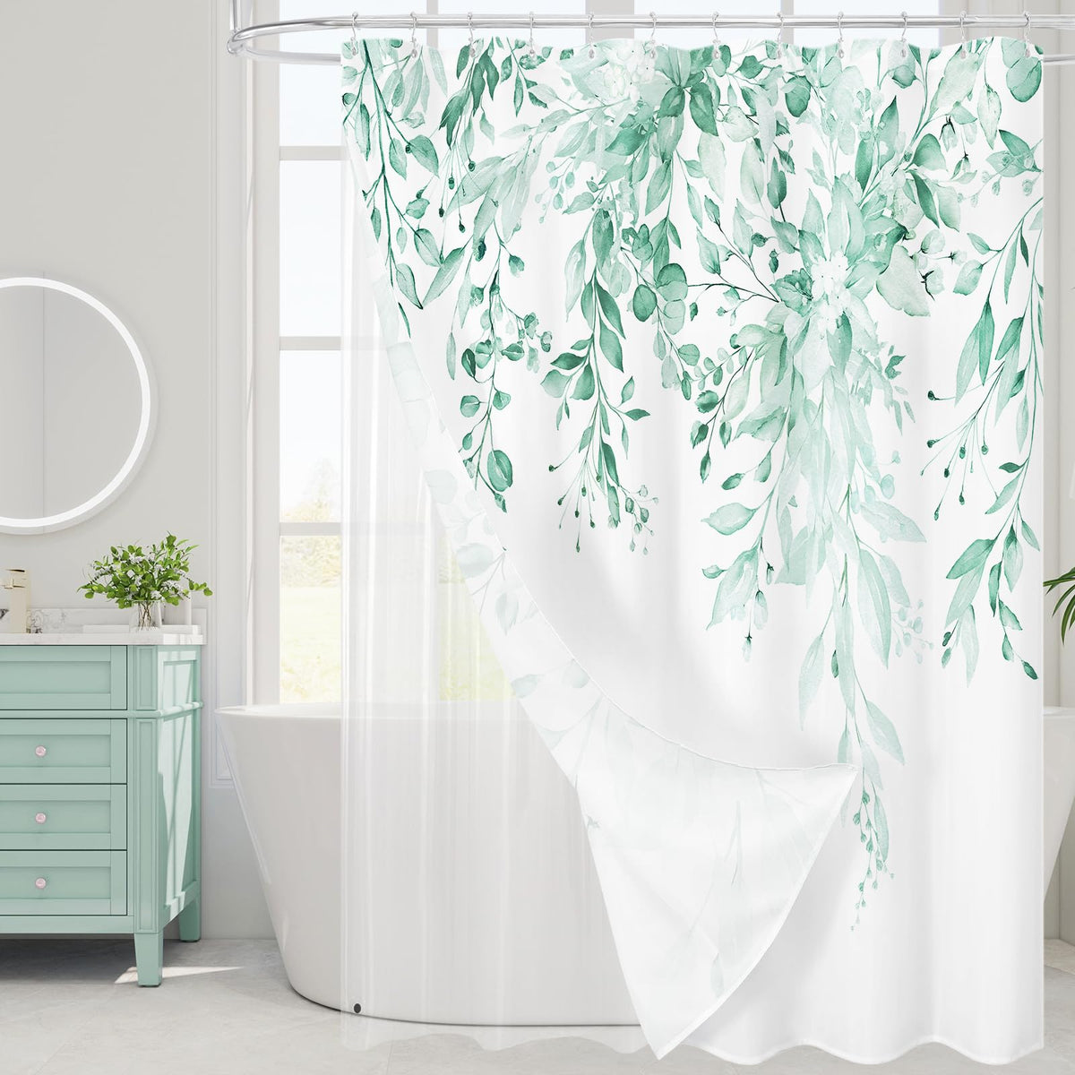 Gibelle 3 in 1 Shower Curtain Set, Grey Eucalyptus Curtain 72x72