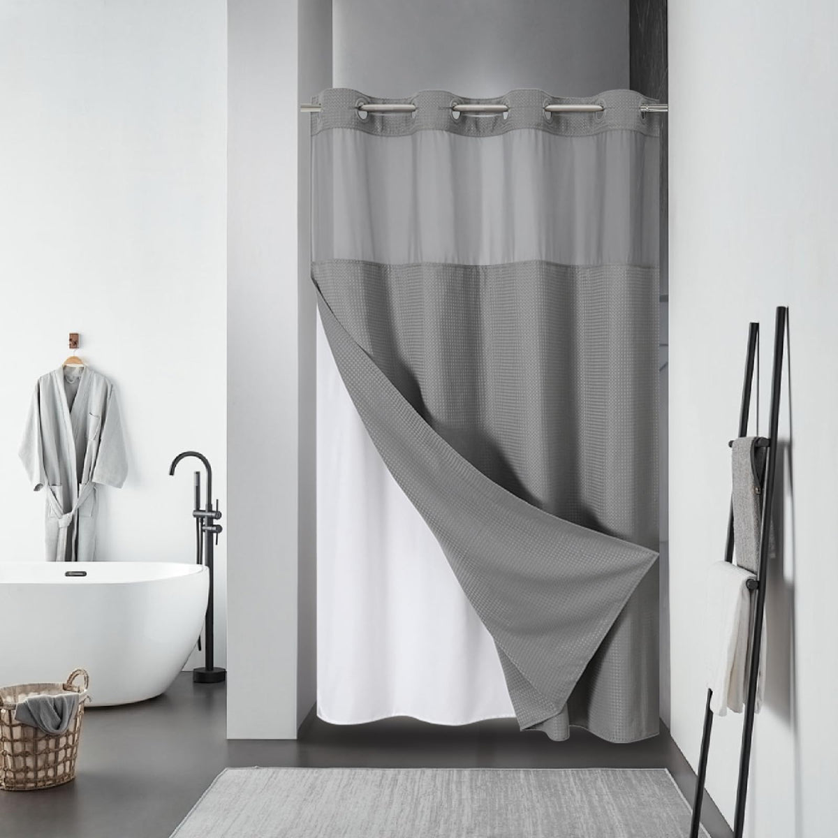 No Hook Extra Long Waffle Shower Curtain with Snap-in Liner,71x98,SageGreen