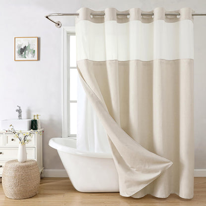 Eachope No Hooks Polyester Textured Shower Curtain with Snap-in Fabric Liner Set, Hotel Luxury Decor Shower Curtains for Bathroom with See Through Top Window, Waterproof & Washable, 71Wx74H, Cream