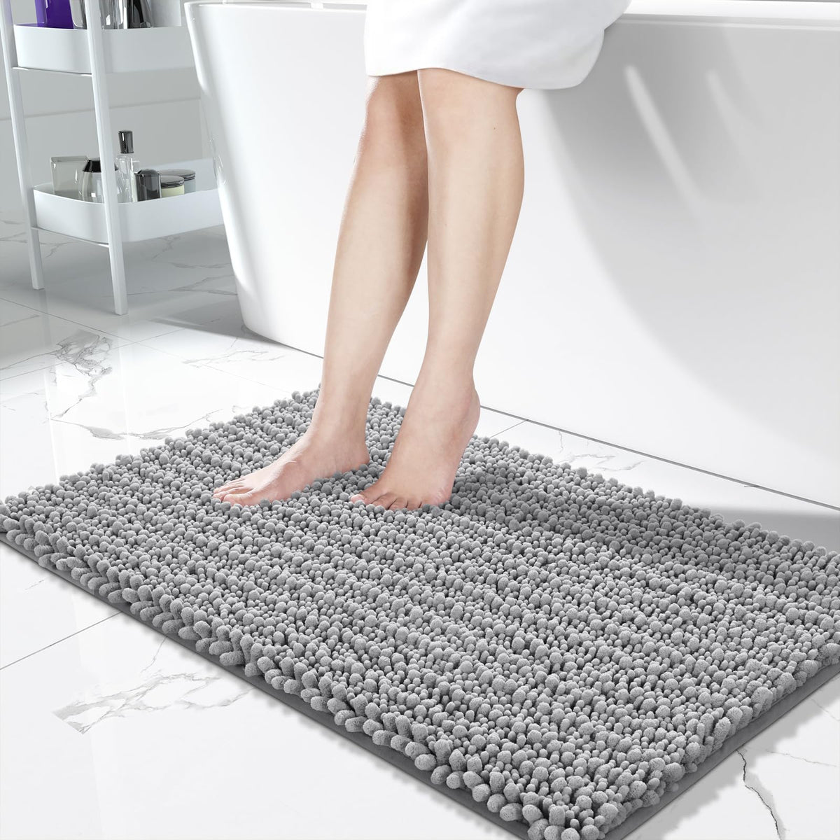 Yimobra Bathroom Rugs Non-Slip Washable – Extra Soft & Absorbent Chenille Bath Mat, Quick-Dry Plush Shaggy Floor & Vanity Bath Rugs for Tub & Shower, Modern Home Decor Accessories, 24 x 17, Grey