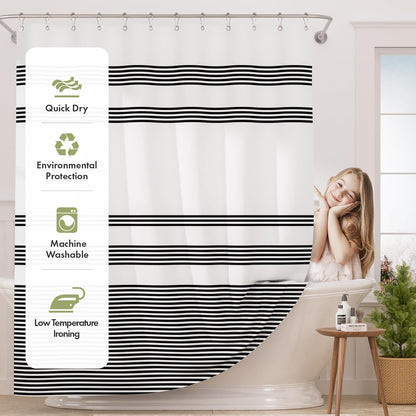 AmazerBath Shower Curtain, Washable Cloth Black Shower Curtain Sets with 12 Shower Curtain Hooks, Fabric Rustic Black and White Striped Curtain, Farmhouse Bathroom Curtains, 72x72 Inches