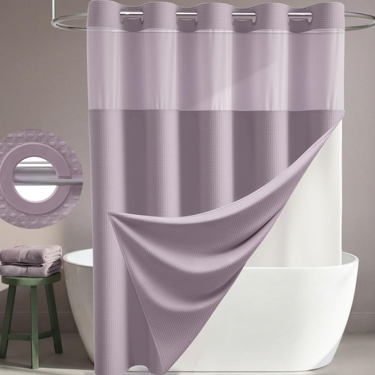 Dynamene Ringless Waffle Weave Fabric Shower Curtain Set, Black, 72"x75"