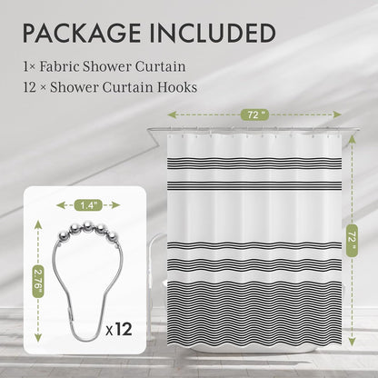AmazerBath Shower Curtain, Washable Cloth Black Shower Curtain Sets with 12 Shower Curtain Hooks, Fabric Rustic Black and White Striped Curtain, Farmhouse Bathroom Curtains, 72x72 Inches