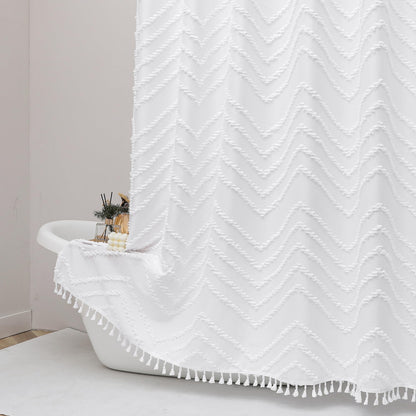 OWENIE Boho Shower Curtain, White Fabric Cloth Shower Curtains Farmhouse Tufted Chevron Striped Textured with Tassel for Bathroom, Soft Hotel Style Modern Minimalist, Machine Washable, 72x72, White