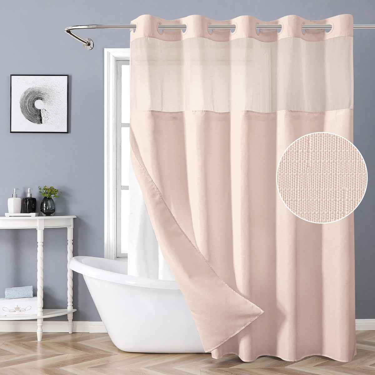eachope White No Hook Shower Curtain with Snap-in Fabric Liner Set,Slub Textured Fabric Shower Curtains for Bathroom,Hotel Style Modern Shower Curtain,Water Repellent & Washable,71x74(72)