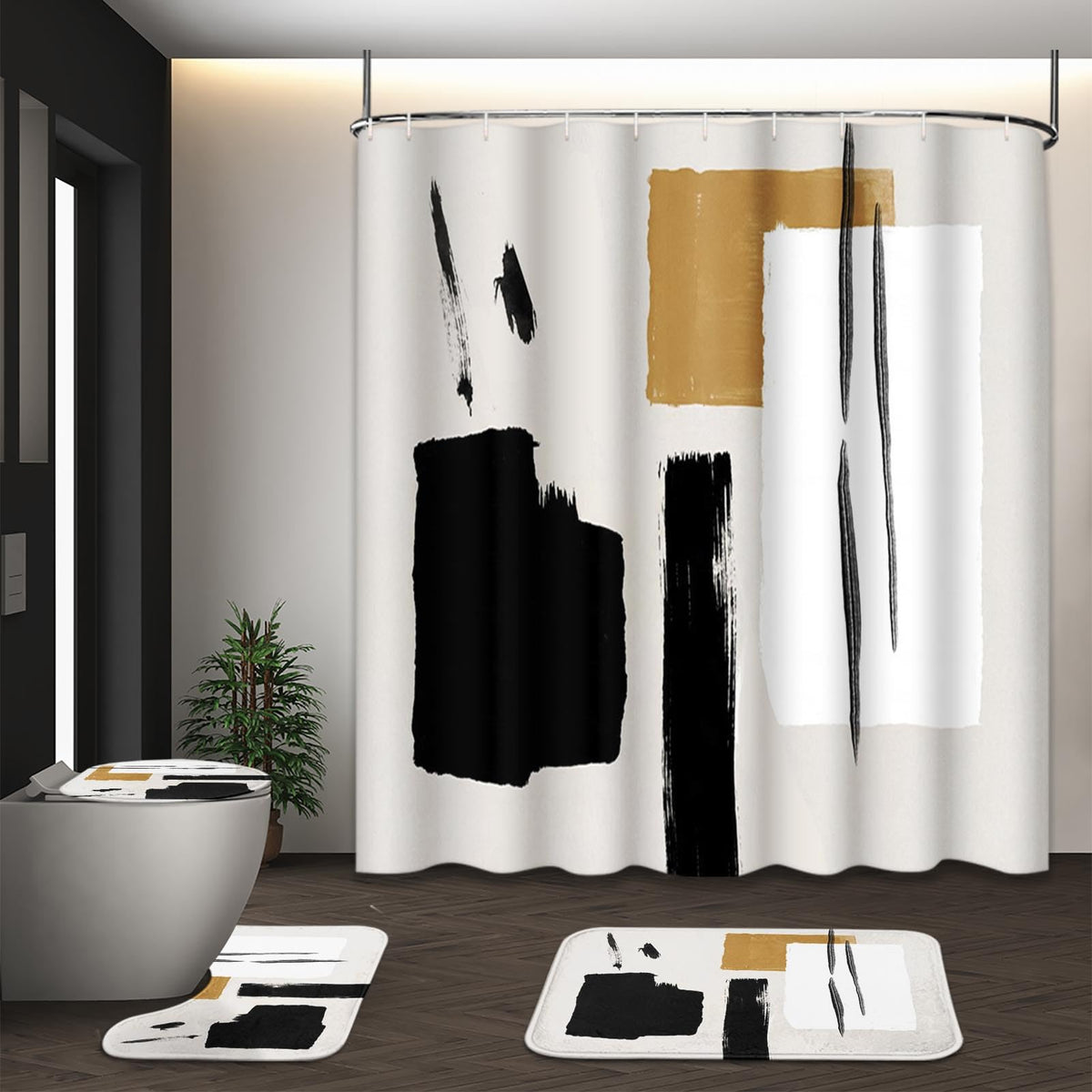 Bathroom Sets with Shower Curtain and Rugs, Set of 4 Geometric Boho