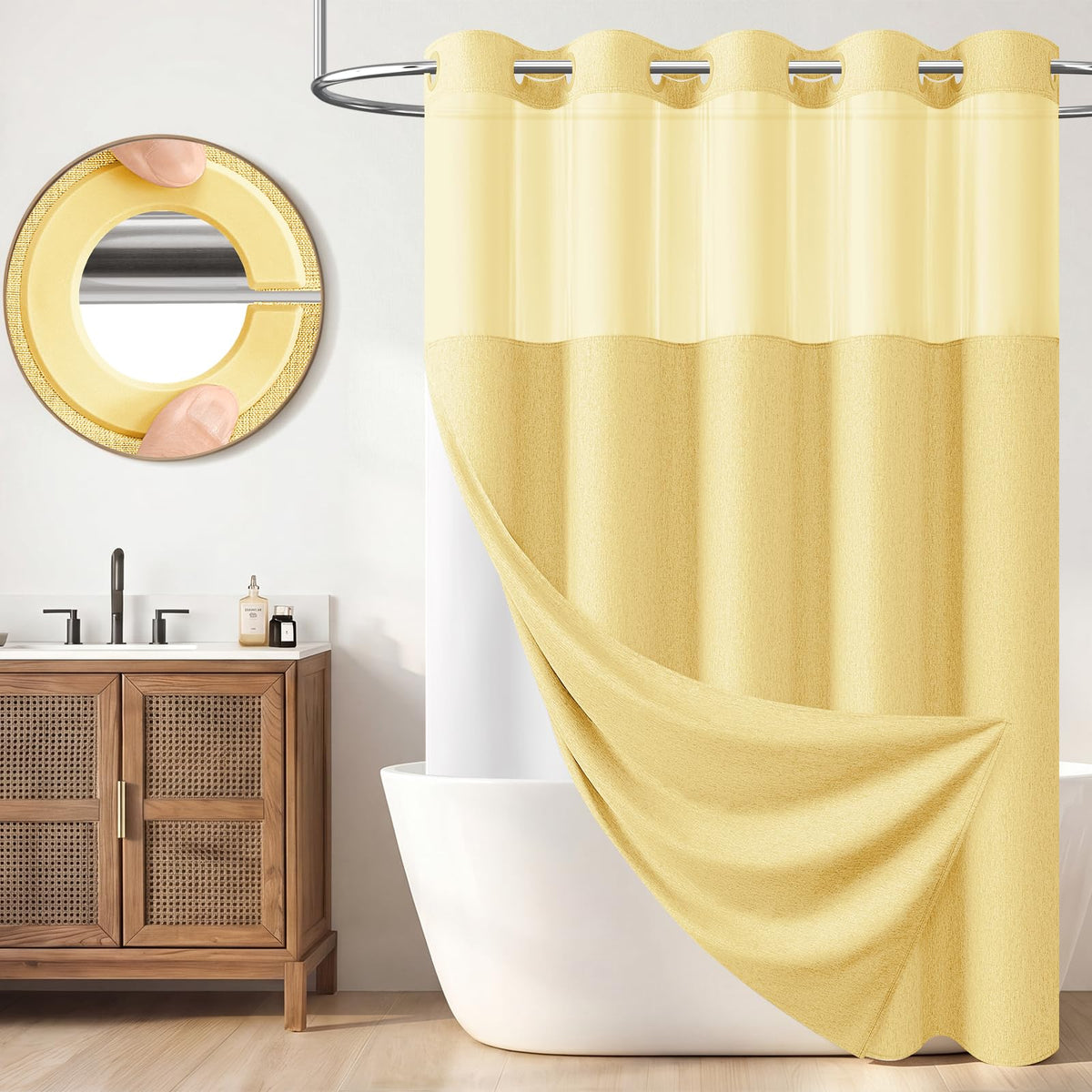 BTTN Cream Ringless Linen Textured Shower Curtain with Snap in Liner, 72x75