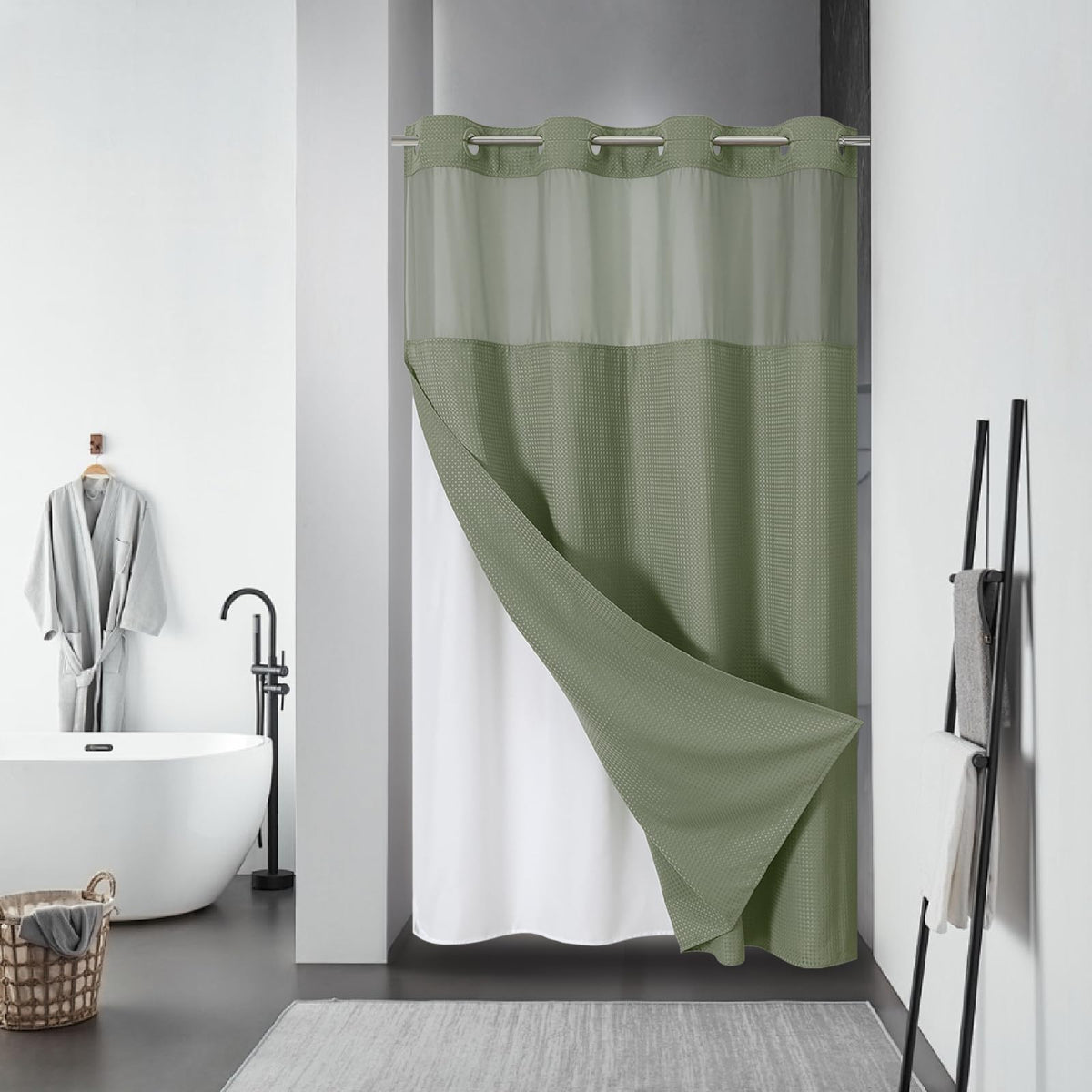No Hook Extra Long Waffle Shower Curtain with Snap-in Liner,71x98,SageGreen