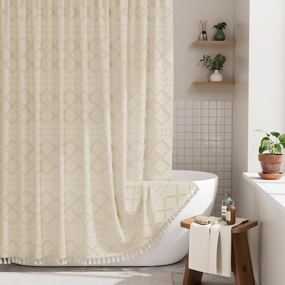AmazerBath Boho Shower Curtain, Modern Farmhouse Shower Curtain Set with Tassels, Rustic Faux Linen Green Striped Shower Curtain with Hooks, Light Tan Toned, 72x72 Inches