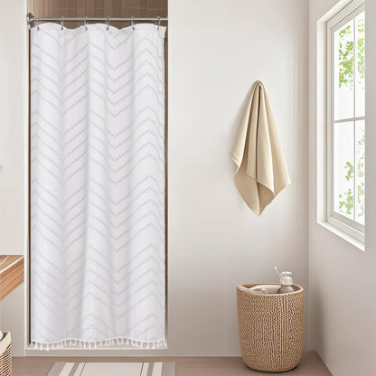 OWENIE Boho Shower Curtain, White Fabric Cloth Shower Curtains Farmhouse Tufted Chevron Striped Textured with Tassel for Bathroom, Soft Hotel Style Modern Minimalist, Machine Washable, 72x72, White