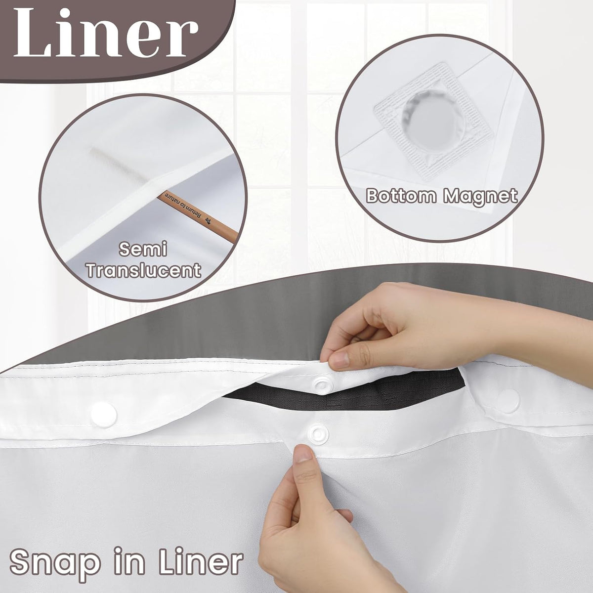 SORTTO Ringless Slub Shower Curtain with Snap in Liner, 71x74, Black