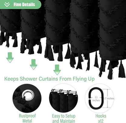 Dynamene Boho Farmhouse Fabric Shower Curtain Tufted Chevron 72"x72" Black
