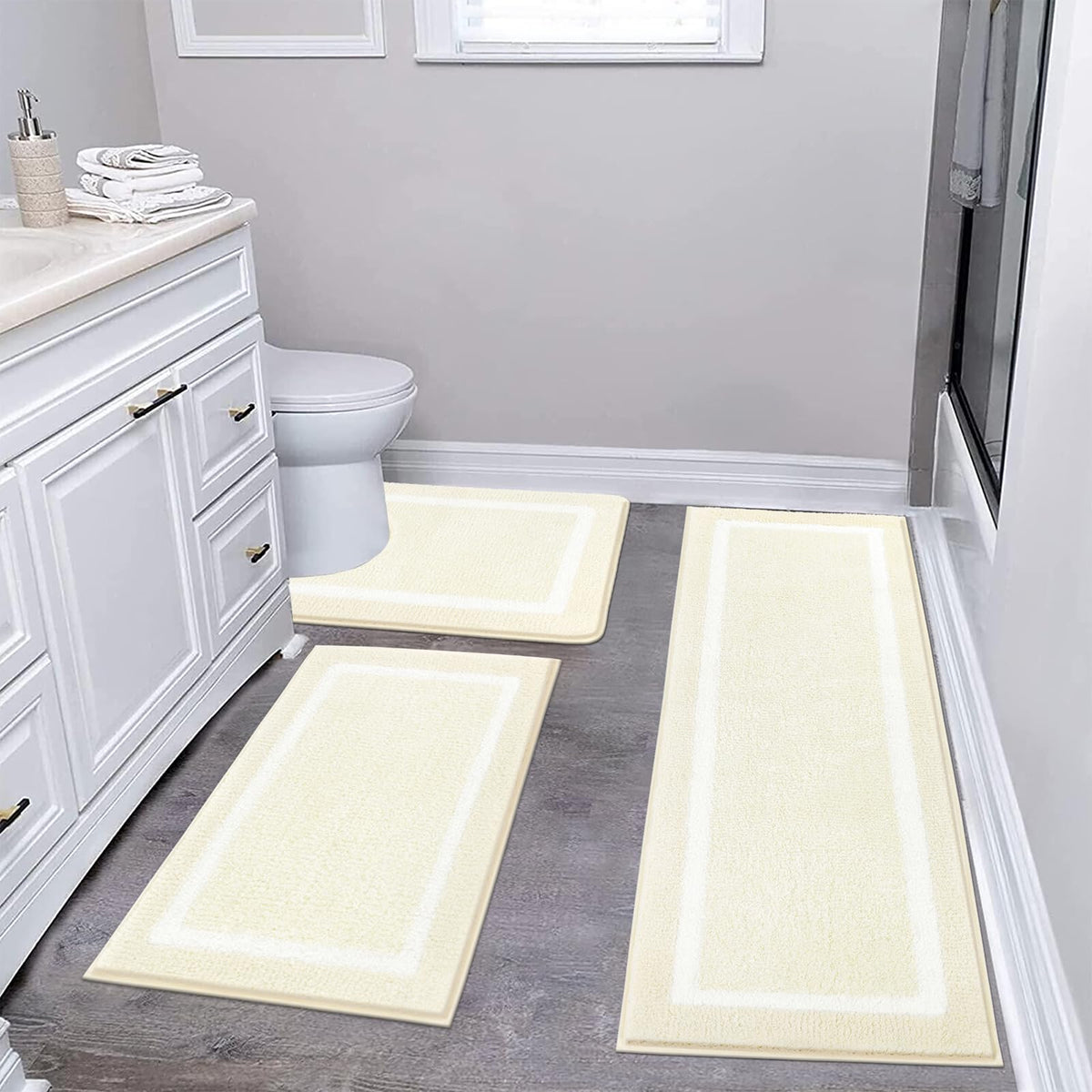 Pauwer Bathroom Rugs 3 Piece Set, Non Slip Washable Bath Mat, Dark Grey