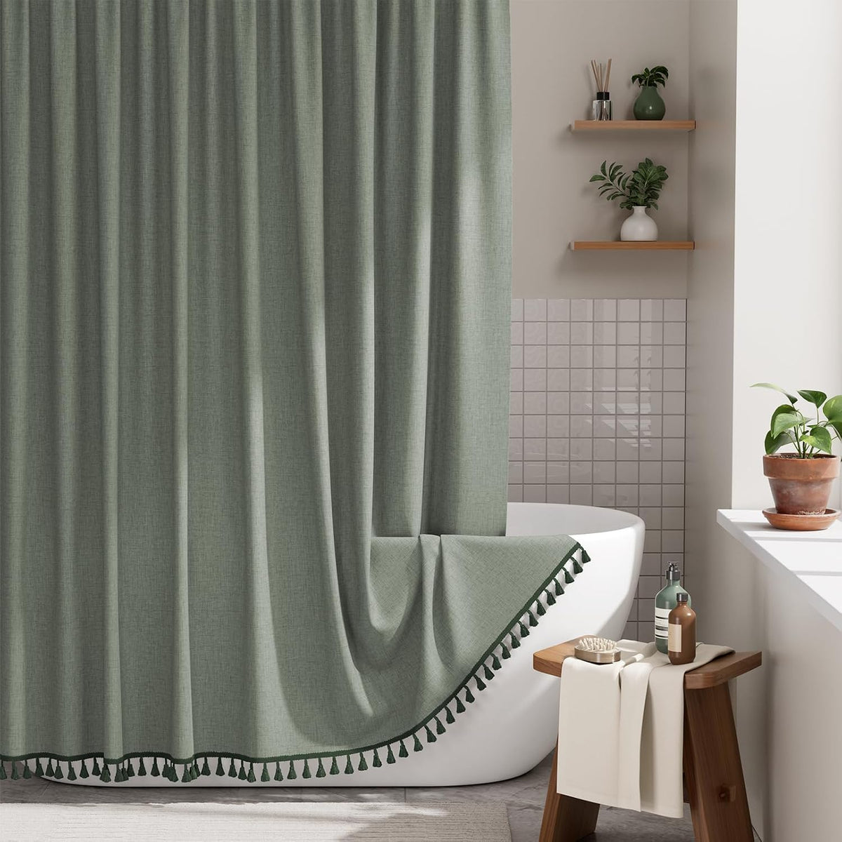 AmazerBath Boho Shower Curtain, Modern Farmhouse Shower Curtain Set with Tassels, Rustic Faux Linen Green Striped Shower Curtain with Hooks, Light Tan Toned, 72x72 Inches