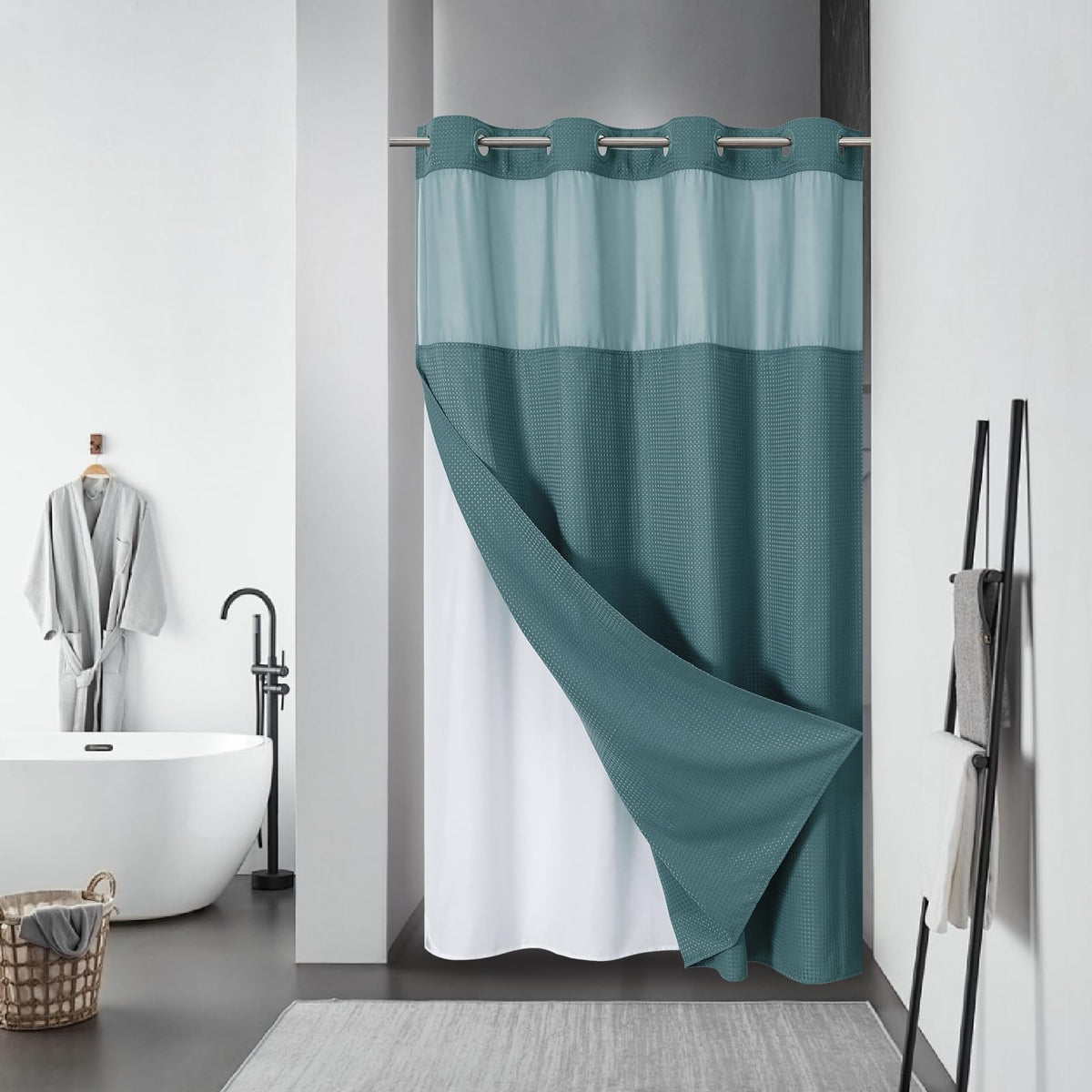 No Hook Extra Long Waffle Shower Curtain with Snap-in Liner,71x98,SageGreen