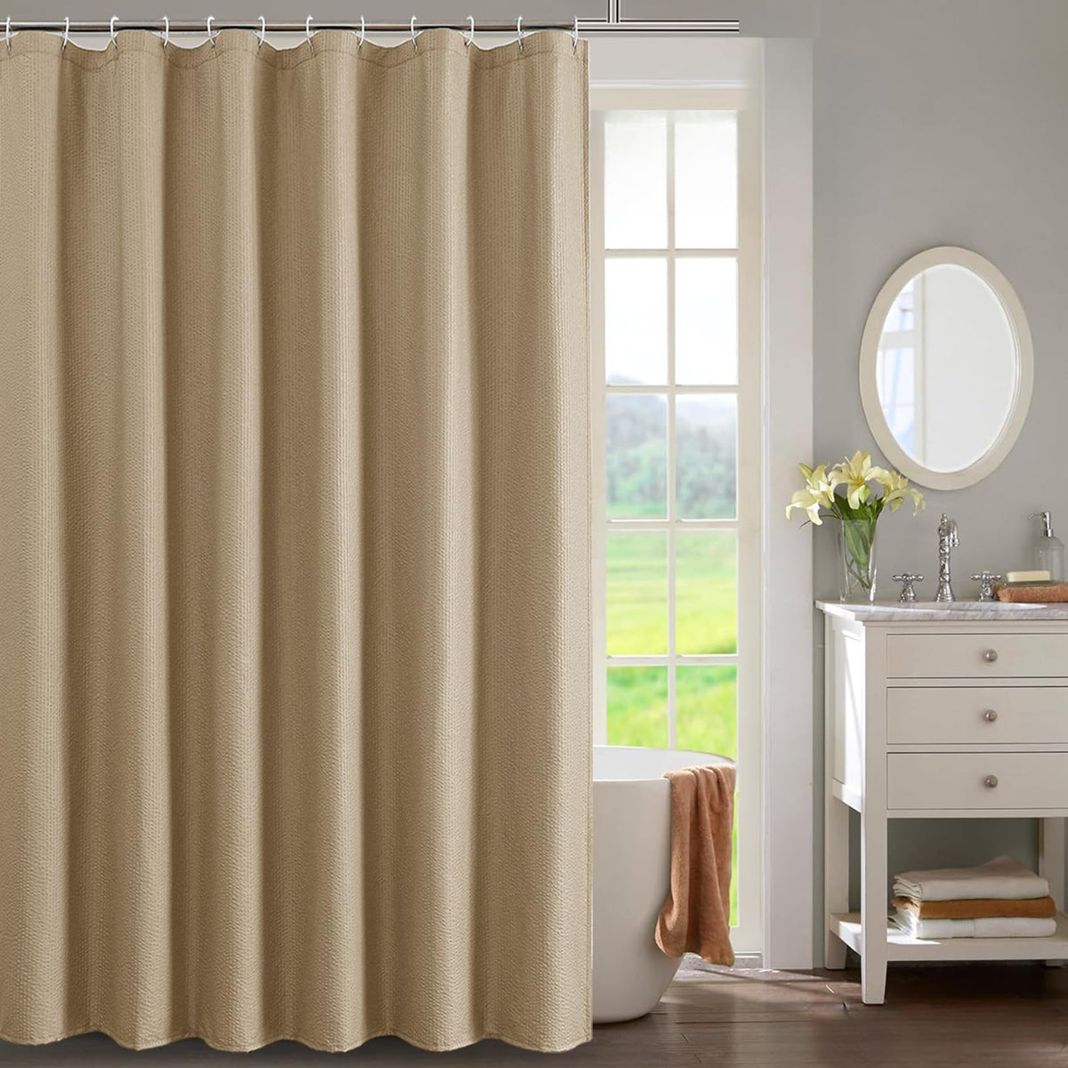 OWENIE Pink Shower Curtain for Bathroom 72x72 Inch, 3D Embossed Textured Waffle Fabric Shower Curtains, Soft Hotel Farmhouse Style, Water Repellent, Machine Washable, Pink, 72" W x 72" L