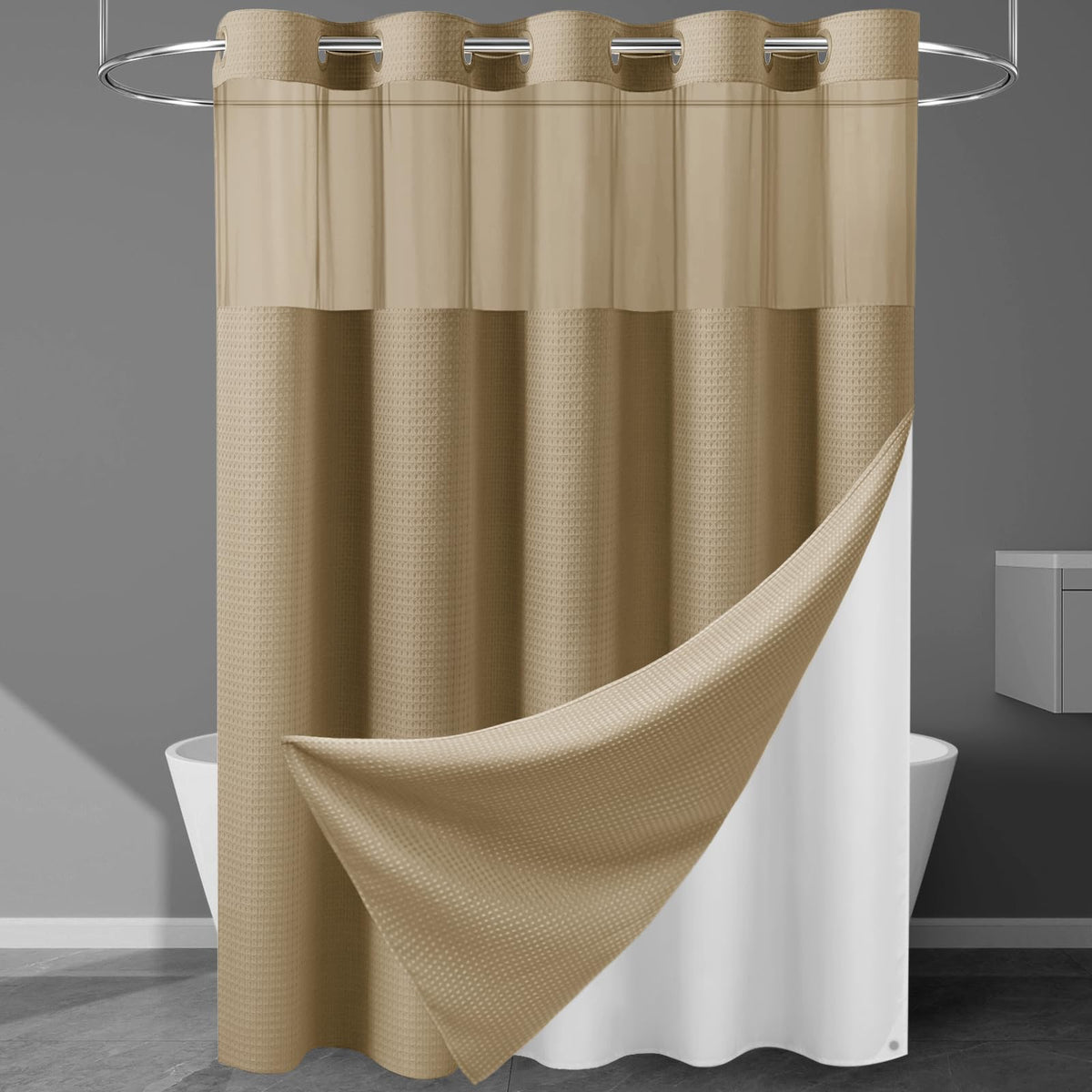 256GSM Heavyweight Ringless Waffle Shower Curtain with Liner, 71x74, Grey