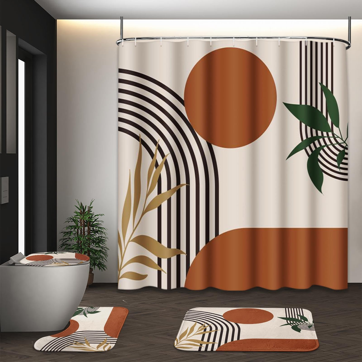 Bathroom Sets with Shower Curtain and Rugs, Set of 4 Geometric Boho
