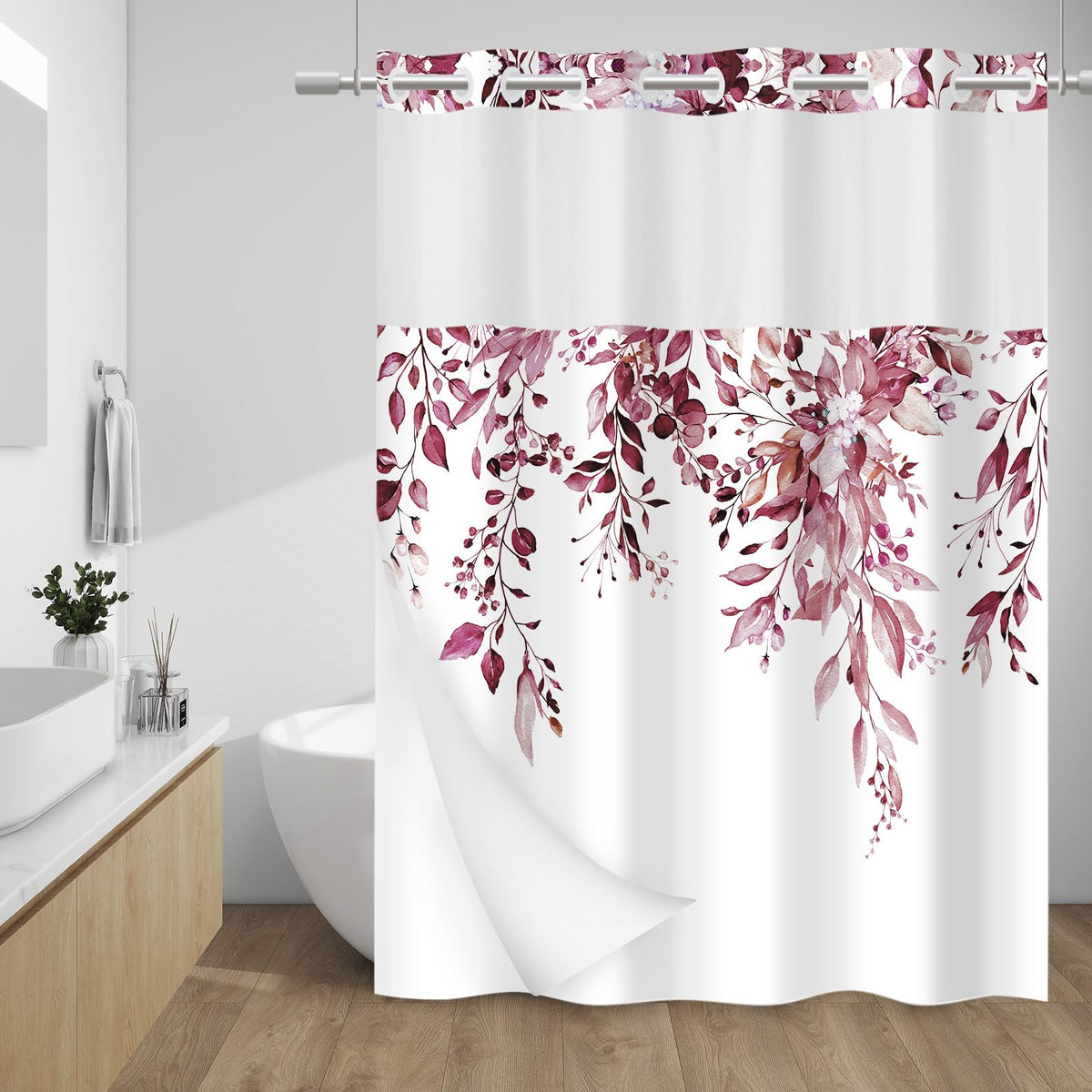 WITHLOC Hook Free Floral Shower Curtain with Liner, Blue Beige, 71x74