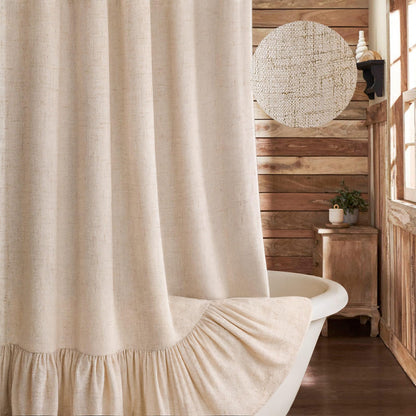 Farmhouse Shower Curtain Ruffle Linen Cream-Green Stripe 72"W x 72"L