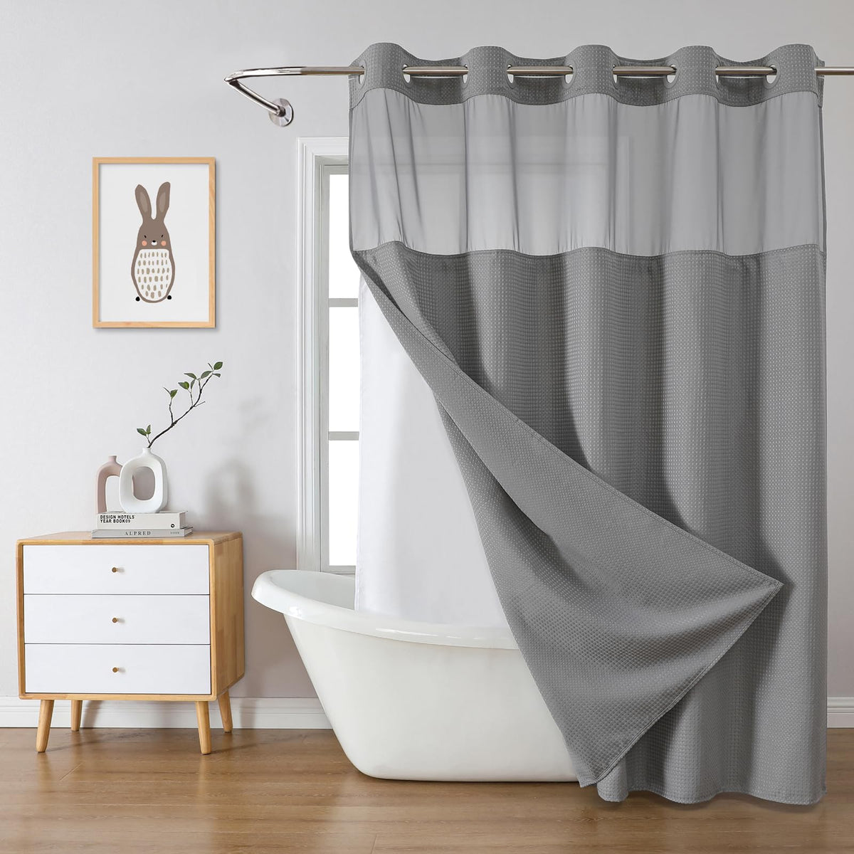 No Hook Extra Long Waffle Shower Curtain with Snap-in Liner,71x98,SageGreen